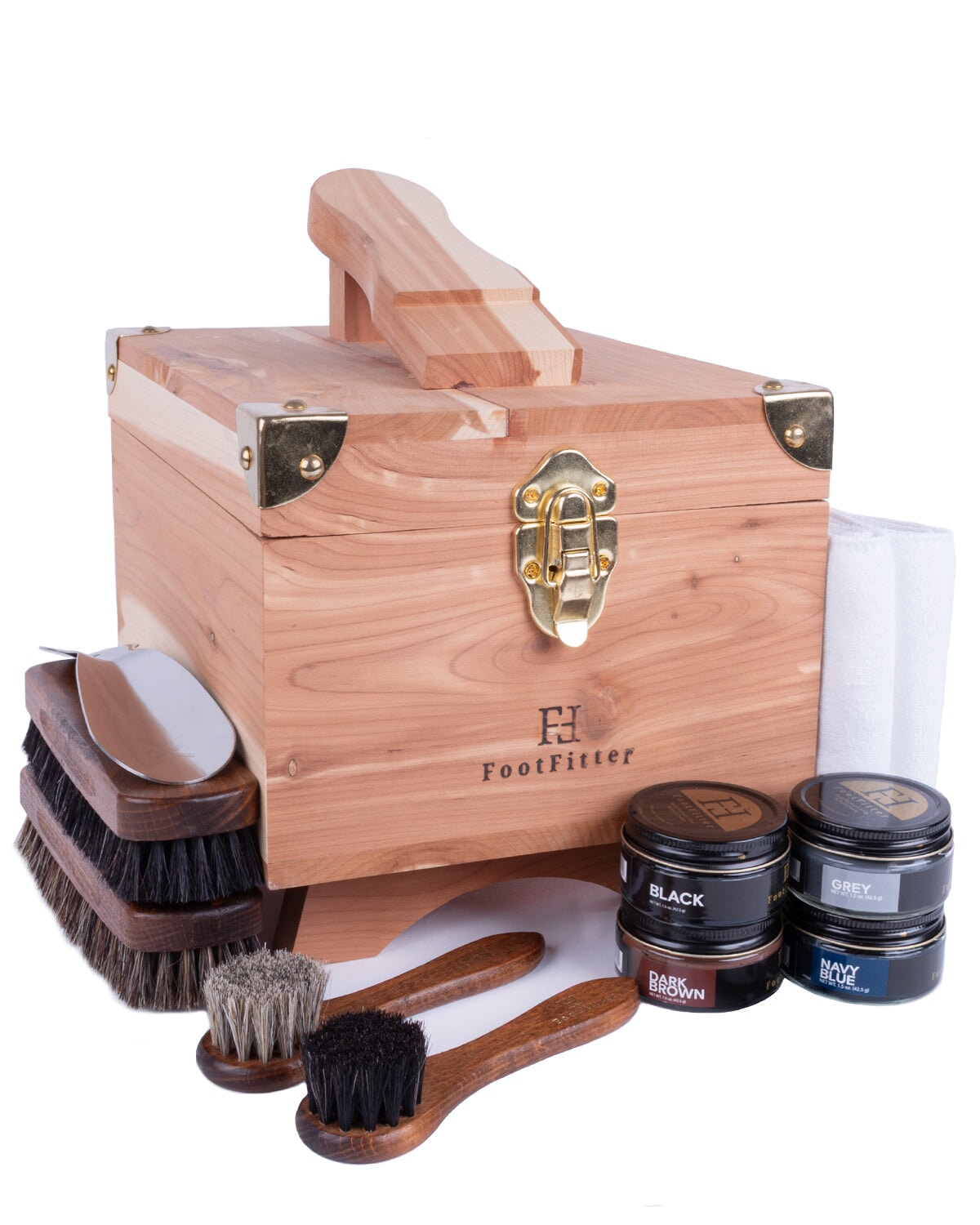 FootFitter Grand Cedar Shoe Shine Valet Set, Premium Leather Care Kit Shoe Shine Kits FootFitter Dark Colors