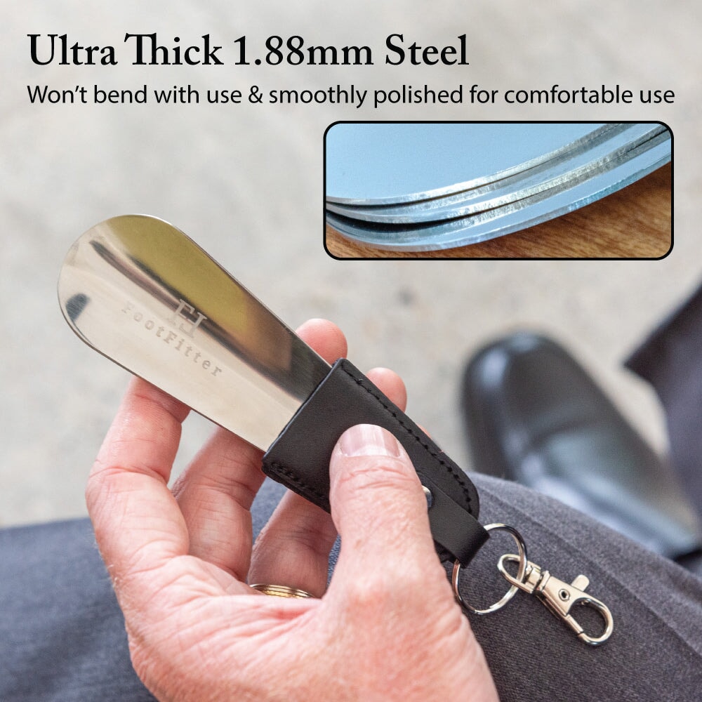 FootFitter Keychain Travel Stainless Steel & Leather Shoe Horn, 5" Shoe Horns FootFitter