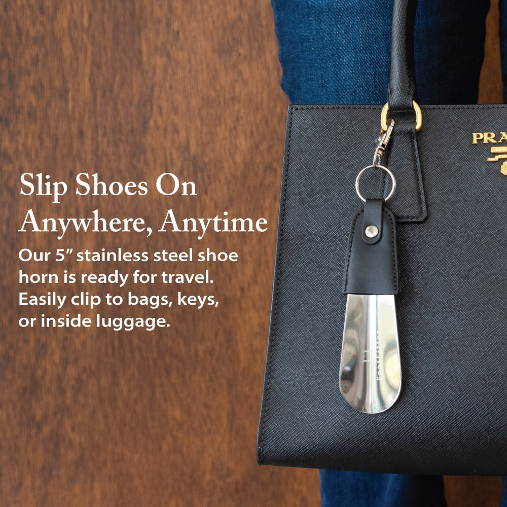 FootFitter Keychain Travel Stainless Steel & Leather Shoe Horn, 5" Shoe Horns FootFitter