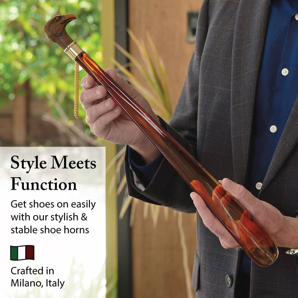 FootFitter Medium 21" Shoe Horn with Tortoiseshell Spoon, Brown Wooden-Style Horse Shoe Horns FootFitter