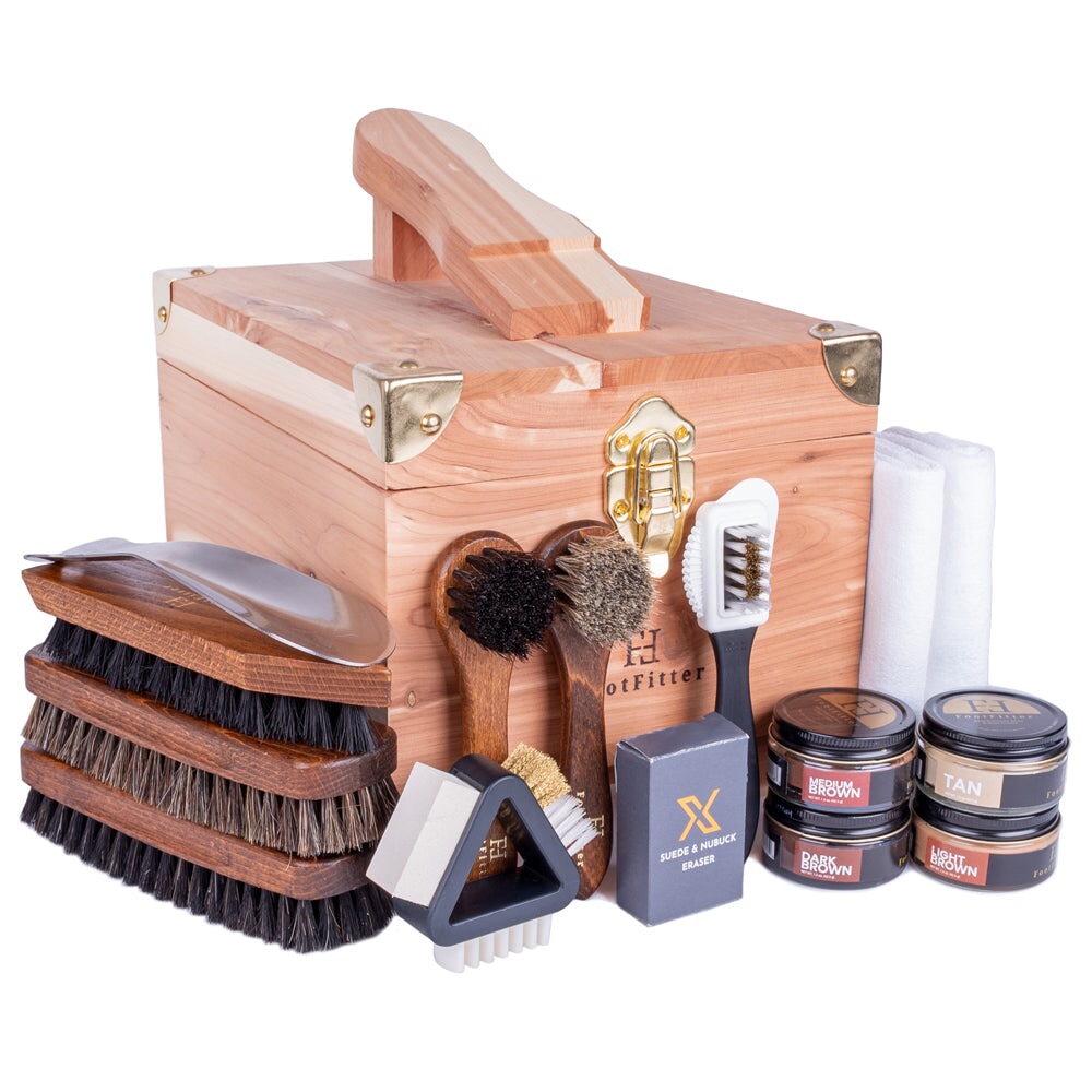 FootFitter Shoe Shine & Suede Cleaning Set with Grand Cedar Wood Box - Shoe Polish Cream Shoe Shine Kits FootFitter Brown Colors