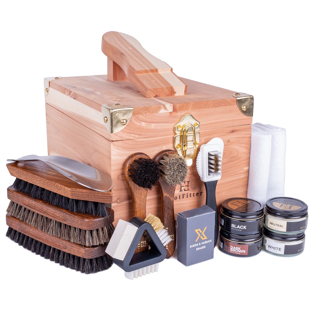 FootFitter Shoe Shine & Suede Cleaning Set with Grand Cedar Wood Box - Shoe Polish Cream Shoe Shine Kits FootFitter Classic Colors