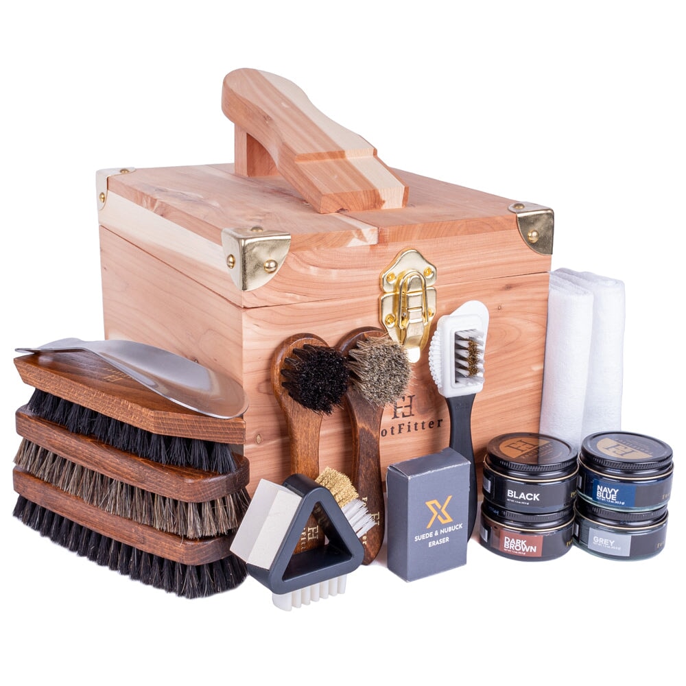 FootFitter Shoe Shine & Suede Cleaning Set with Grand Cedar Wood Box - Shoe Polish Cream Shoe Shine Kits FootFitter Dark Colors