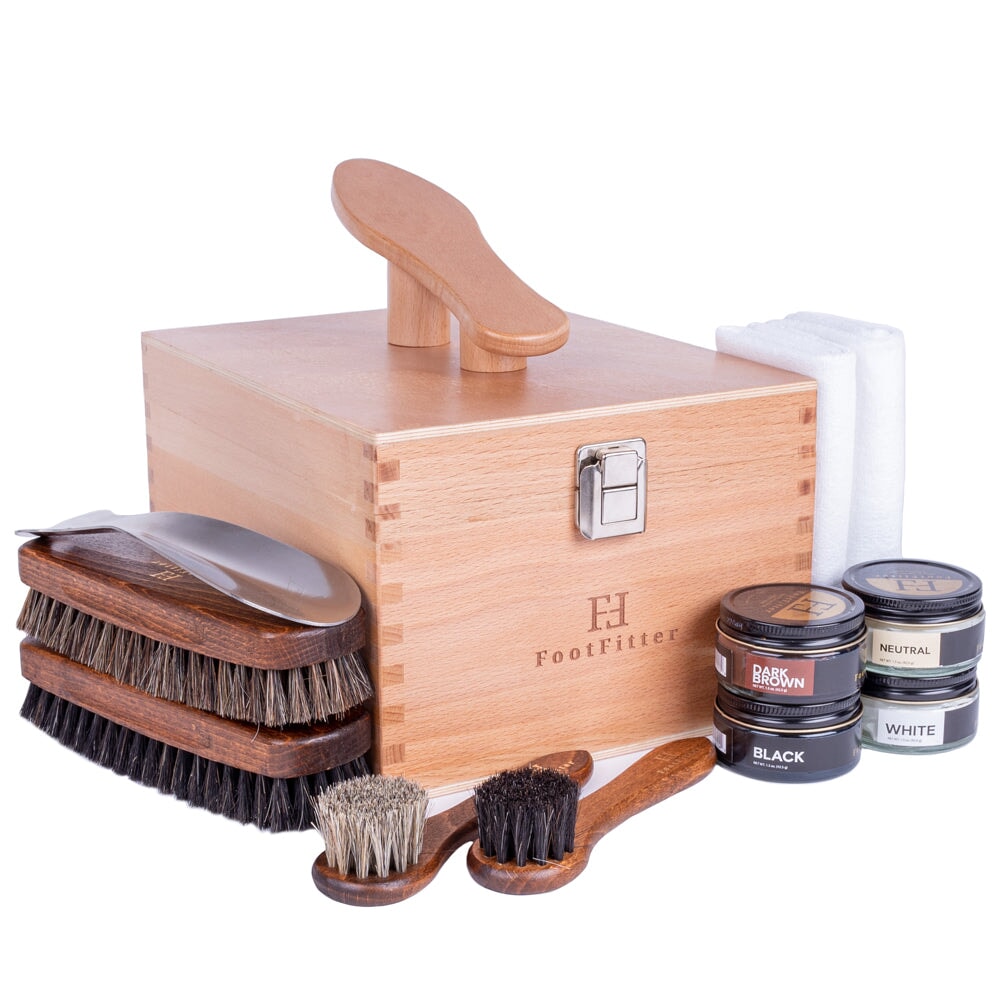 FootMatters Shoe Shine Valet Box - Hardwood Boot & Shoe Care