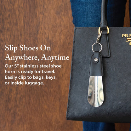 FootFitter Keychain Travel Stainless Steel & Leather Shoe Horn, 5" Shoe Horns FootFitter 