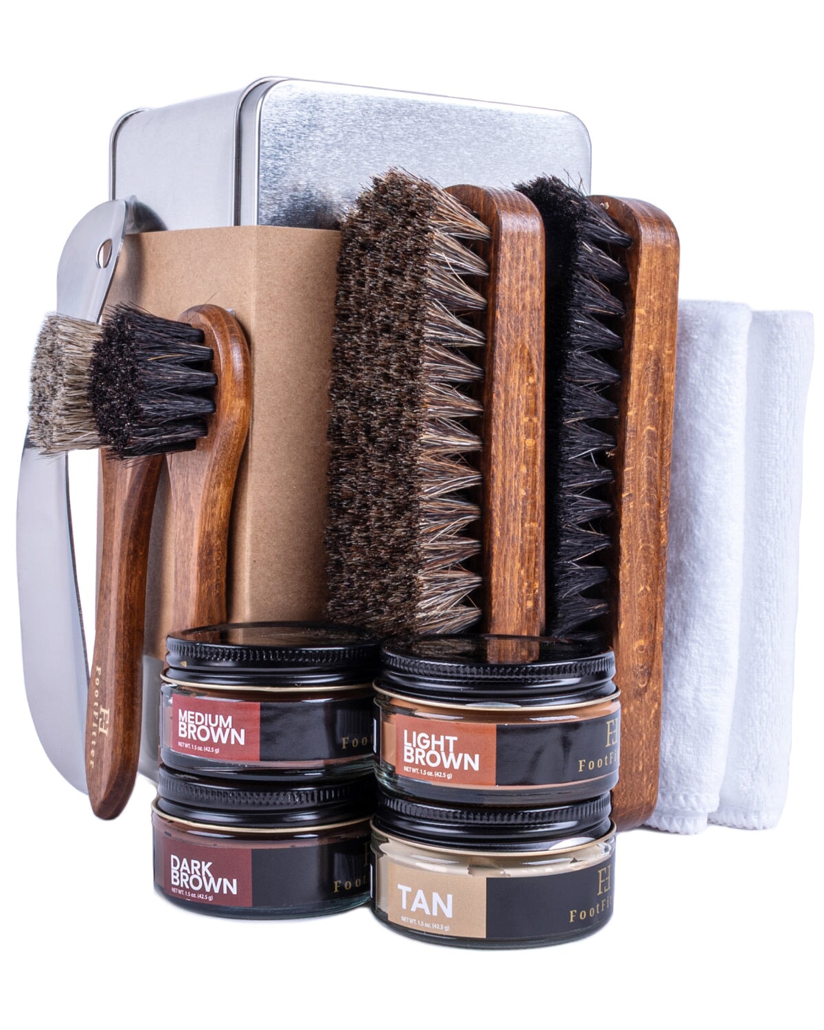 FootFitter Leather Shoe Shine Refill Set, Premium Brushes, Creams & Tools Shoe Shine Kits FootFitter Brown Colors 
