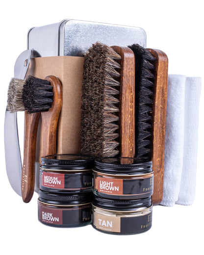 FootFitter Leather Shoe Shine Refill Set, Premium Brushes, Creams & Tools Shoe Shine Kits FootFitter Brown Colors 