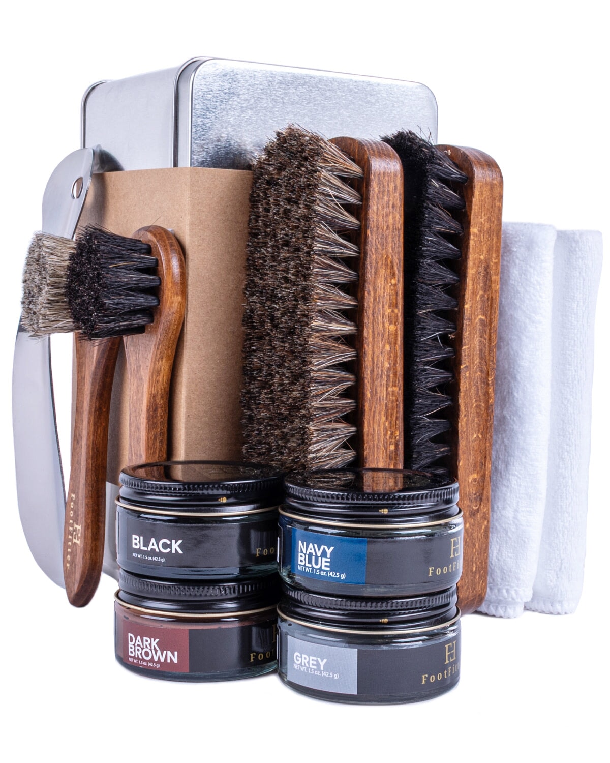FootFitter Leather Shoe Shine Refill Set, Premium Brushes, Creams & Tools Shoe Shine Kits FootFitter Dark Colors 