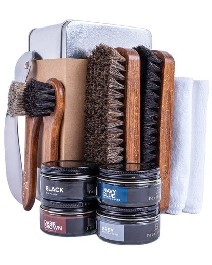FootFitter Leather Shoe Shine Refill Set, Premium Brushes, Creams & Tools Shoe Shine Kits FootFitter Dark Colors 
