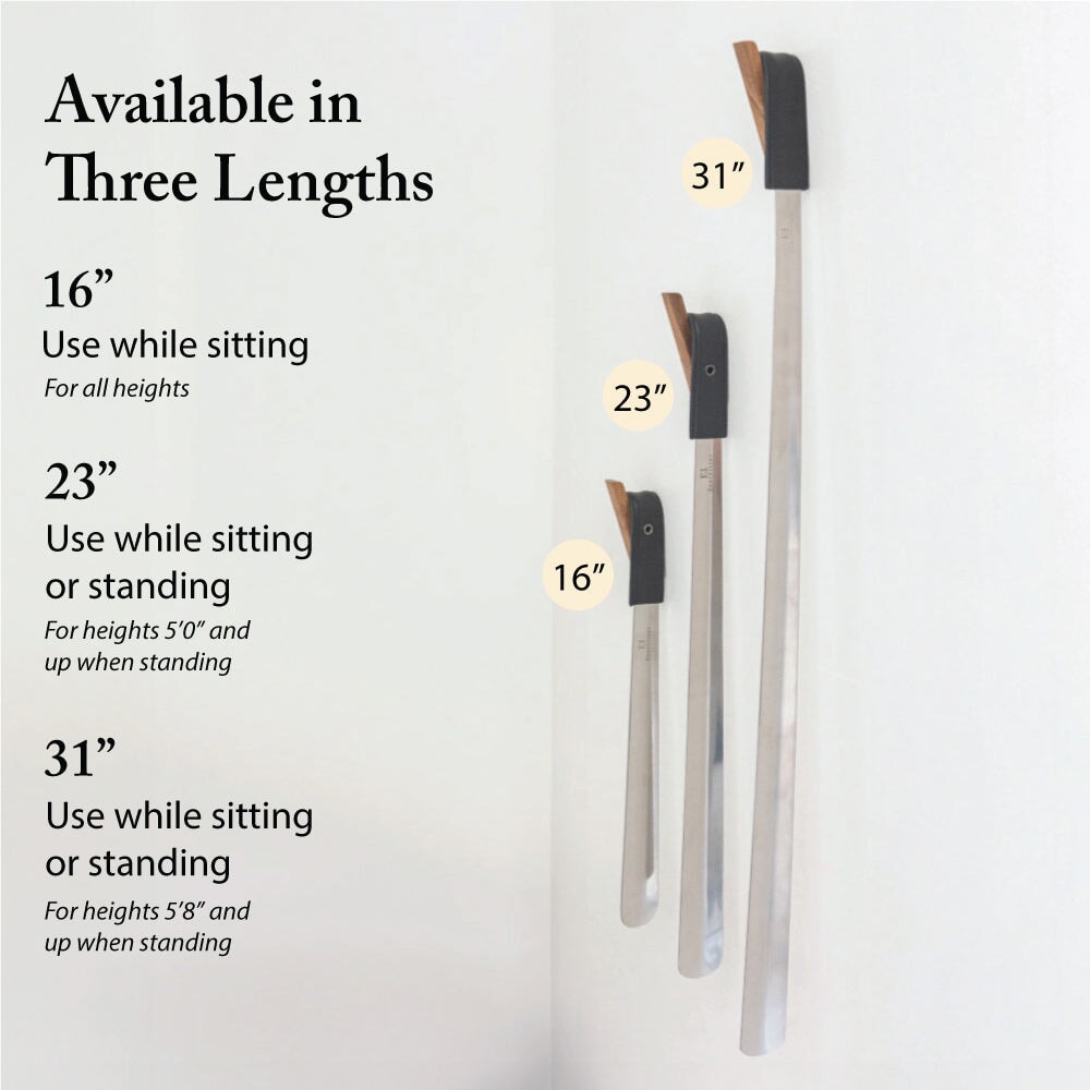 FootFitter Med to Long Stainless Steel & Leather Handle Shoehorn, 16", 23" & 31" Shoe Horns FootFitter 