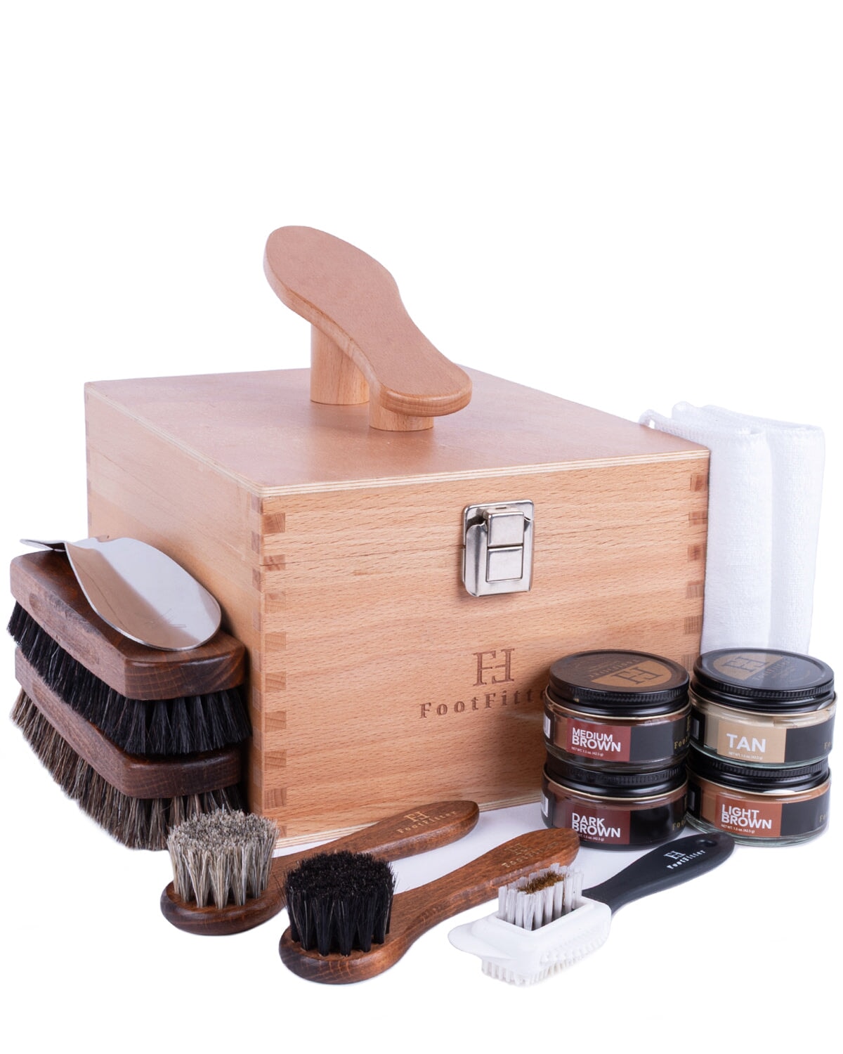 FootFitter Shoe Shine Kit with Beech Wood Valet Box & Shoe Polish Cream FootFitter Brown Colors 