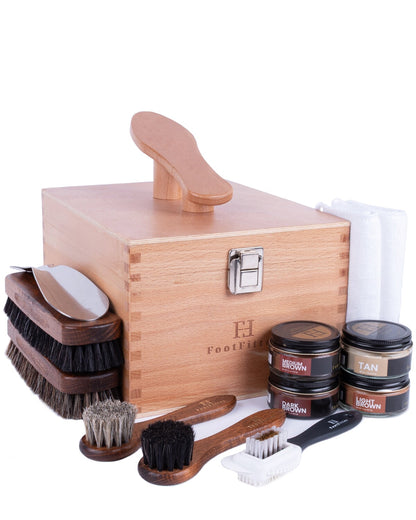 FootFitter Shoe Shine Kit with Beech Wood Valet Box & Shoe Polish Cream FootFitter Brown Colors 