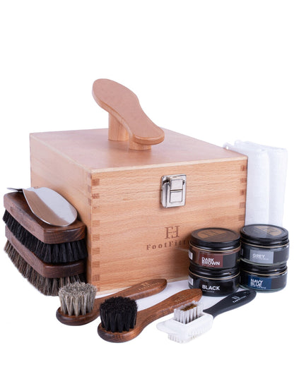 FootFitter Shoe Shine Kit with Beech Wood Valet Box & Shoe Polish Cream FootFitter Dark Colors 