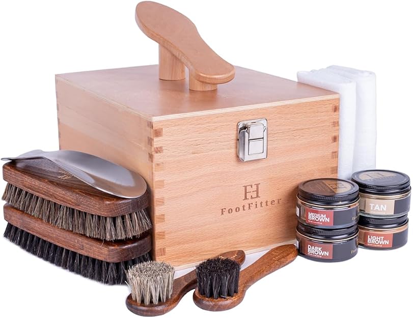 FootFitter Shoe Shine Kit with Beech Wood Valet Box & Shoe Polish Creams FootFitter Brown Colors 