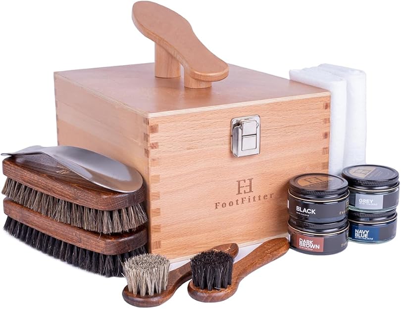 FootFitter Shoe Shine Kit with Beech Wood Valet Box & Shoe Polish Creams FootFitter Dark Colors 