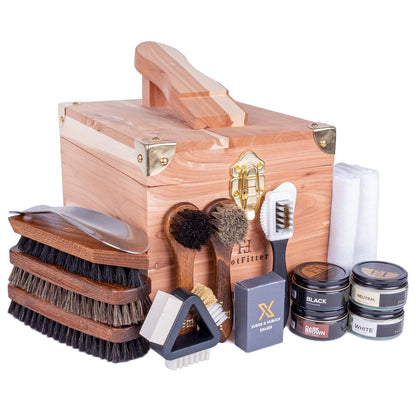 FootFitter Shoe Shine & Suede Cleaning Set with Grand Cedar Wood Box - Shoe Polish Cream Shoe Shine Kits FootFitter Classic Colors 