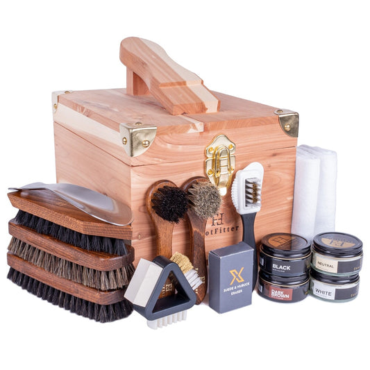 FootFitter Shoe Shine & Suede Cleaning Set with Grand Cedar Wood Box - Shoe Polish Cream Shoe Shine Kits FootFitter Classic Colors 